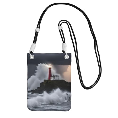 Leuchtturm im Sturm bedruckte Schultertasche für Männer und Frauen, lässige Mini-Handygeldbörsen, Anti-Diebstahl-Handytasche, für Wandern, Reisen, Schwarz, Einheitsgröße von YQxwJL