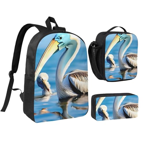 Pelican Bird Blue Sea Sky Print 3 Stück Rucksack Taschen mit Lunchbox Federmäppchen Set für Reisen Arbeit Camping Unisex von YQxwJL