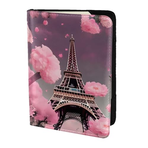 Reisepasshülle aus Leder, Motiv: Paris Straße, Eiffelturm, rosa Blumendruck, für Damen und Herren, Reisebrieftasche, Reisepasshülle, Schwarz, Einheitsgröße von YQxwJL