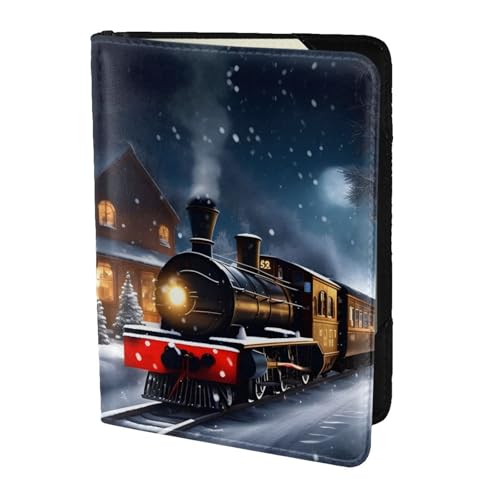Reisepasshülle aus Leder für Damen und Herren, Motiv: Winter, Weihnachten, Schnee, Nacht, Eisenbahn, Zug, Schwarz, Einheitsgröße von YQxwJL