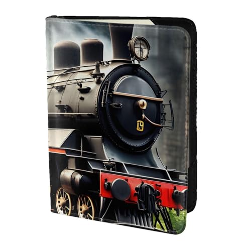 Reisepasshülle aus Leder mit Dampflokomotiven-Motiv, für Damen und Herren, Reisebrieftasche, Reisepasshülle, Schwarz, Einheitsgröße von YQxwJL