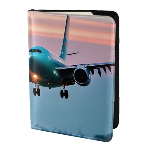 Reisepasshülle aus Leder mit Flugzeug in den Abendlichtern, für Damen und Herren, Reisebrieftasche, Reisepasshülle, Schwarz, Einheitsgröße von YQxwJL