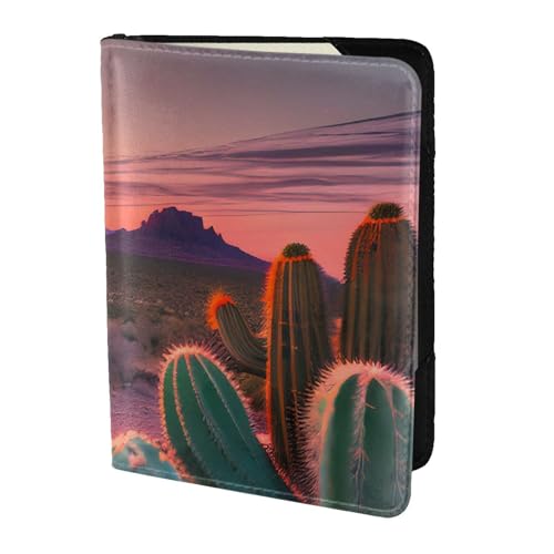 Reisepasshülle aus Leder mit Kaktusmotiv und Sonnenuntergangs-Aufdruck, für Damen und Herren, Reisebrieftasche, Reisepasshülle, Schwarz, Einheitsgröße von YQxwJL