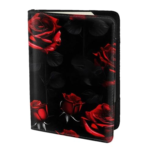 Reisepasshülle aus Leder mit roten und schwarzen Rosen für Damen und Herren, Reisebrieftasche, Reisepasshülle, Schwarz, Einheitsgröße von YQxwJL