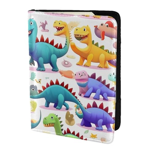 Reisepasshülle aus Leder mit vielen bunten Cartoon-Dinosaurier-Aufdruck, für Damen und Herren, Reisebrieftasche, Reisepasshülle, Schwarz, Einheitsgröße von YQxwJL