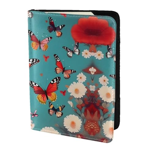 Reisepasshülle für Damen und Herren, Motiv: Henne fliegende Schmetterlinge unter Blumen, aus Leder, Schwarz, Einheitsgröße von YQxwJL
