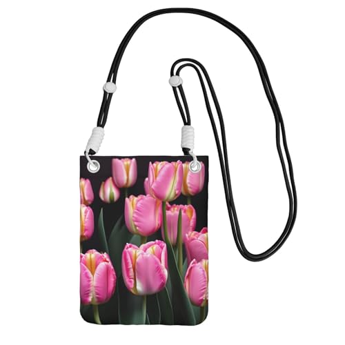 Schultertasche mit rosa und Tulpenaufdruck, für Herren und Damen, lässige Mini-Handytasche, Anti-Diebstahl-Handytasche, für Wandern, Reisen, Schwarz, Einheitsgröße von YQxwJL