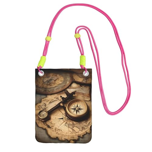 Umhängetasche mit Kompass- und Alt-Weltkarten-Aufdruck für Männer und Frauen, lässige Mini-Handygeldbörsen, Anti-Diebstahl-Handytasche, für Wandern, Reisen, Fuchusia, Einheitsgröße von YQxwJL