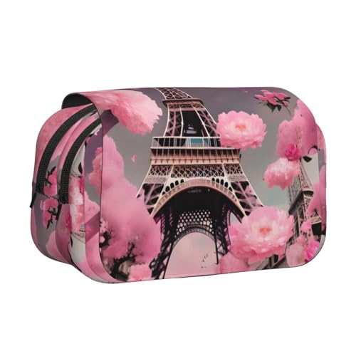 YQxwJL Federmäppchen, Motiv: Paris Street Eiffelturm, rosa Blumendruck, großes Fassungsvermögen, tragbar, großes Federmäppchen mit Reißverschluss, für Büro und Zuhause von YQxwJL