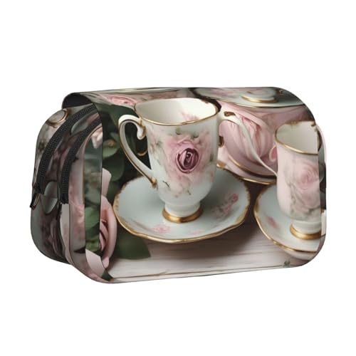 YQxwJL Federmäppchen, Motiv: Teetassen mit Rosen, romantischer Druck, großes Fassungsvermögen, tragbar, großes Federmäppchen mit Reißverschluss, für Büro und Zuhause von YQxwJL
