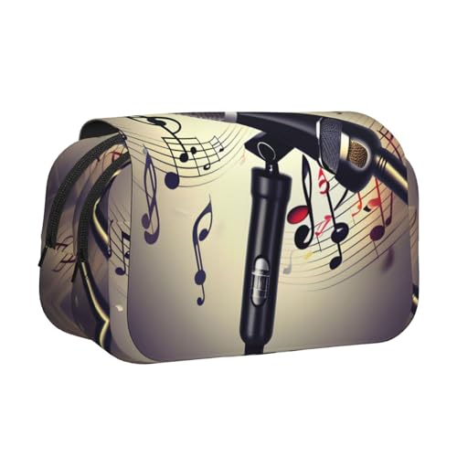 YQxwJL Federmäppchen mit Mikrofon und Musiknoten-Druck, großes Fassungsvermögen, tragbar, große Bleistifttasche mit Reißverschluss, für Büro und Zuhause, Schwarz, One Size, Modern von YQxwJL