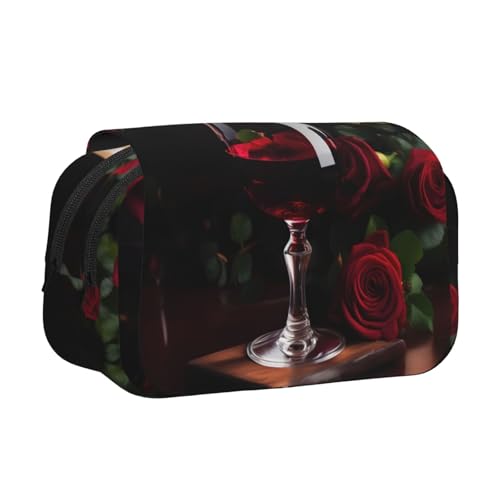 YQxwJL Federmäppchen mit Rotweinrosen- und Kerzendruck, großes Fassungsvermögen, tragbar, großes Federmäppchen mit Reißverschluss, für Büro und Zuhause, Schwarz, One Size, Modern von YQxwJL
