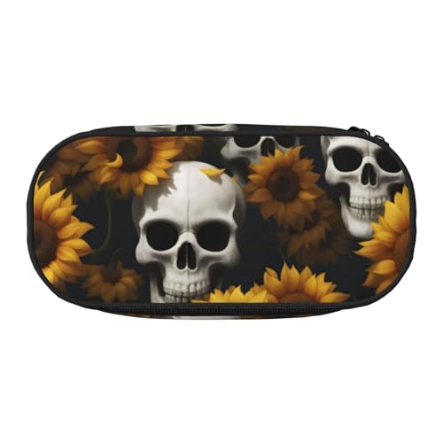 YQxwJL Federmäppchen mit Sonnenblumen-Motiv und Totenkopf-Motiv, großes Fassungsvermögen, schwarz, Stifteetui, Organizer für Büro, Uni von YQxwJL