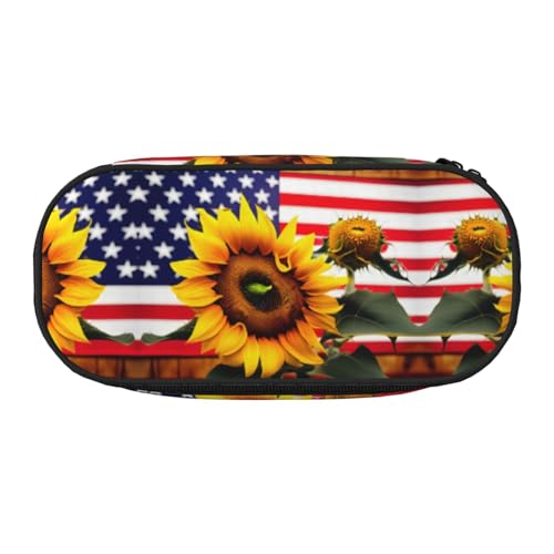 YQxwJL Federmäppchen mit Sonnenblumen- und amerikanischer Flagge, großes Fassungsvermögen, schwarz, Stifteetui, Organizer für Büro, Uni von YQxwJL