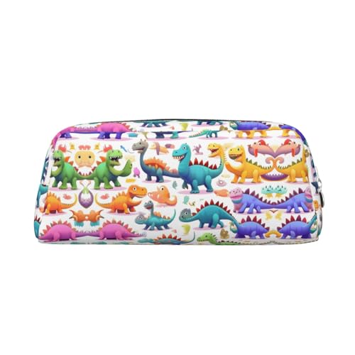 YQxwJL Federmäppchen mit vielen bunten Cartoon-Dinosauriern, großes Fassungsvermögen, Federmäppchen mit Reißverschluss, strapazierfähiges Leder-Federmäppchen für Büro, Reisen, Silber, One Size, Tasche von YQxwJL