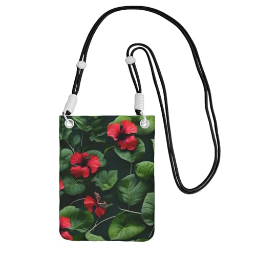 YQxwJL Schultertasche mit Vegetationsblättern und Hibiskusblumen-Druck, für Männer und Frauen, lässige Mini-Handygeldbörsen, Anti-Diebstahl-Handytasche, für Wandern, Reisen, Schwarz, Einheitsgröße von YQxwJL