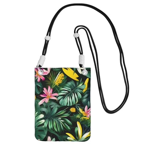 YQxwJL Schultertasche mit tropischen Blättern und Blumendruck, für Männer und Frauen, lässige Mini-Handytasche, Anti-Diebstahl-Handytasche, für Wandern, Reisen, Schwarz, Einheitsgröße von YQxwJL