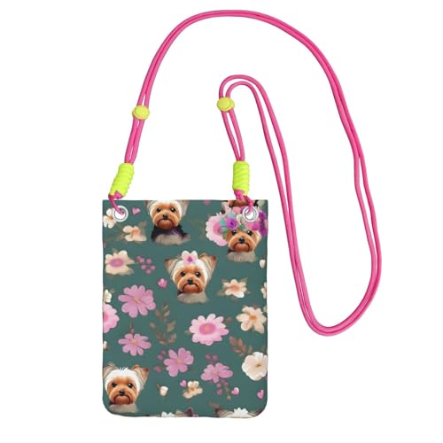 Yorkie-Umhängetasche mit Blumenmuster für Männer und Frauen, lässige Mini-Handygeldbörsen, Anti-Diebstahl-Handytasche, für Wandern, Reisen, Fuchusia, Einheitsgröße von YQxwJL