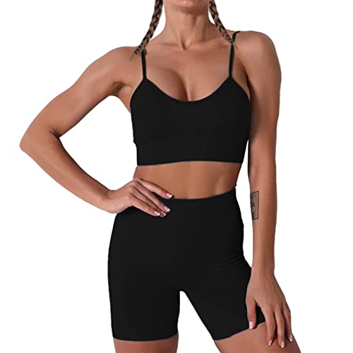 Damen Workout Outfits Yoga Set 2 teiliges,Camisole Nahtlos Gerippt Sport BH Damen Trainingsanzüge+Shorts Training Tights Shape Stretch Sport Outfit Gym Fitness Kleidung Black M von YR.Lover