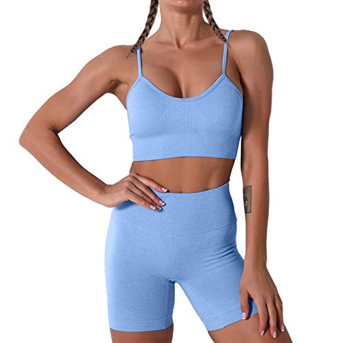 Damen Workout Outfits Yoga Set 2 teiliges,Camisole Nahtlos Gerippt Sport BH Damen Trainingsanzüge+Shorts Training Tights Shape Stretch Sport Outfit Gym Fitness Kleidung Blue S von YR.Lover