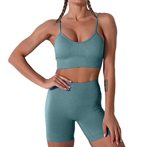 Damen Workout Outfits Yoga Set 2 teiliges,Camisole Nahtlos Gerippt Sport BH Damen Trainingsanzüge+Shorts Training Tights Shape Stretch Sport Outfit Gym Fitness Kleidung Deep Green S von YR.Lover