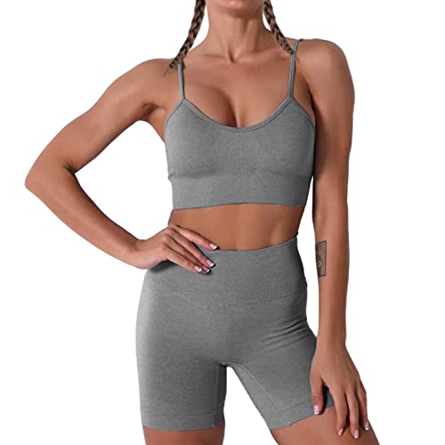 Damen Workout Outfits Yoga Set 2 teiliges,Camisole Nahtlos Gerippt Sport BH Damen Trainingsanzüge+Shorts Training Tights Shape Stretch Sport Outfit Gym Fitness Kleidung Gray M von YR.Lover