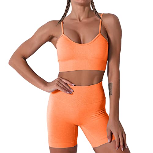 Damen Workout Outfits Yoga Set 2 teiliges,Camisole Nahtlos Gerippt Sport BH Damen Trainingsanzüge+Shorts Training Tights Shape Stretch Sport Outfit Gym Fitness Kleidung Orange M von YR.Lover