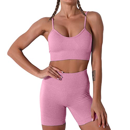 Damen Workout Outfits Yoga Set 2 teiliges,Camisole Nahtlos Gerippt Sport BH Damen Trainingsanzüge+Shorts Training Tights Shape Stretch Sport Outfit Gym Fitness Kleidung Purple S von YR.Lover