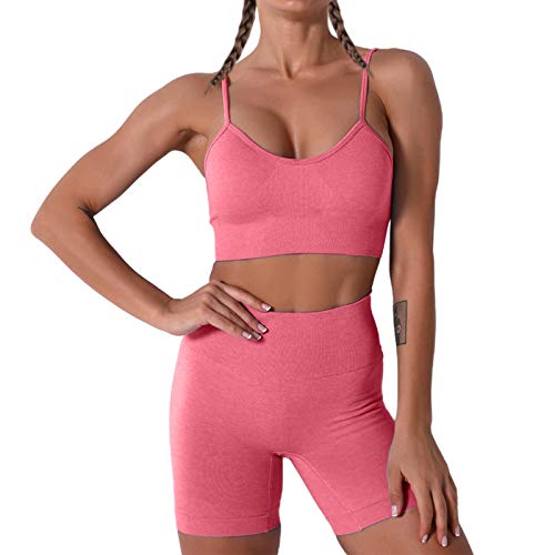 Damen Workout Outfits Yoga Set 2 teiliges,Camisole Nahtlos Gerippt Sport BH Damen Trainingsanzüge+Shorts Training Tights Shape Stretch Sport Outfit Gym Fitness Kleidung Red S von YR.Lover