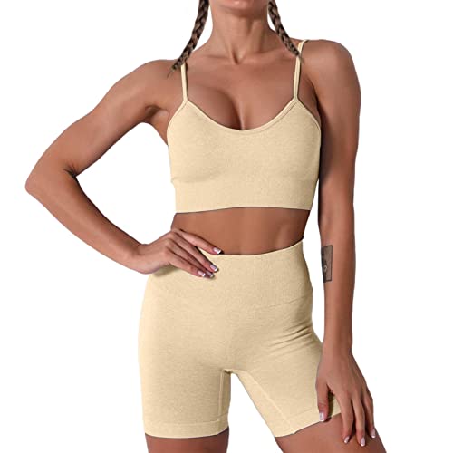 Damen Workout Outfits Yoga Set 2 teiliges,Camisole Nahtlos Gerippt Sport BH Damen Trainingsanzüge+Shorts Training Tights Shape Stretch Sport Outfit Gym Fitness Kleidung khaki S von YR.Lover