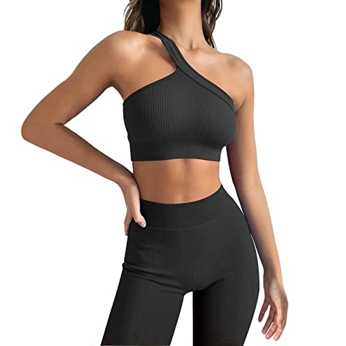 Damen Workout Outfits Yoga Set 2 teiliges,Diagonal Shoulder Strap Nahtlos Gerippt Sport BH Damen Trainingsanzüge+Hoses Training Tights Shape Stretch Kleidung Sportswear Black L von YR.Lover