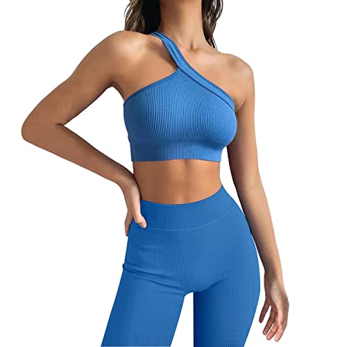 Damen Workout Outfits Yoga Set 2 teiliges,Diagonal Shoulder Strap Nahtlos Gerippt Sport BH Damen Trainingsanzüge+Hoses Training Tights Shape Stretch Kleidung Sportswear Blue L von YR.Lover