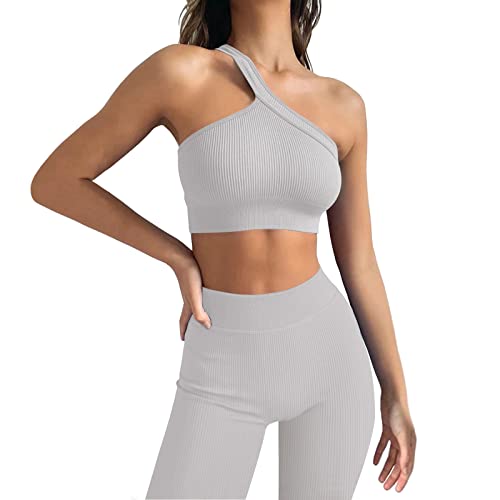 Damen Workout Outfits Yoga Set 2 teiliges,Diagonal Shoulder Strap Nahtlos Gerippt Sport BH Damen Trainingsanzüge+Hoses Training Tights Shape Stretch Kleidung Sportswear Gray S von YR.Lover