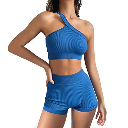 Damen Workout Outfits Yoga Set 2 teiliges,Diagonal Shoulder Strap Nahtlos Gerippt Sport BH Damen Trainingsanzüge+Shorts Training Tights Shape Stretch Kleidung Sportswear Blue M von YR.Lover