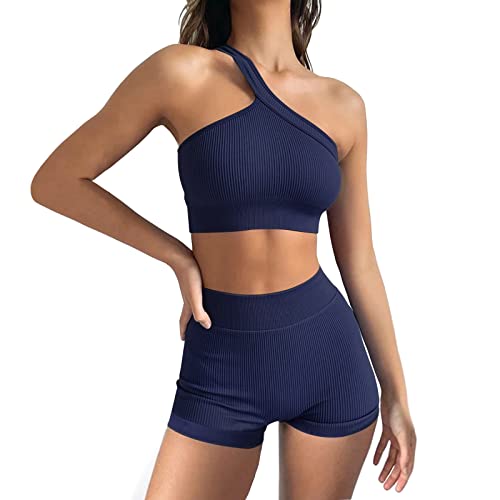 Damen Workout Outfits Yoga Set 2 teiliges,Diagonal Shoulder Strap Nahtlos Gerippt Sport BH Damen Trainingsanzüge+Shorts Training Tights Shape Stretch Kleidung Sportswear Deep Blue S von YR.Lover