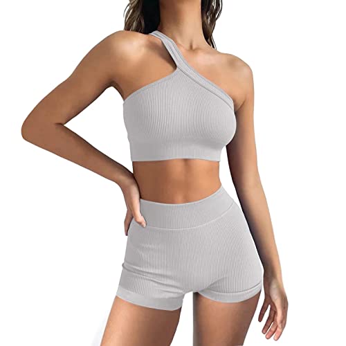 Damen Workout Outfits Yoga Set 2 teiliges,Diagonal Shoulder Strap Nahtlos Gerippt Sport BH Damen Trainingsanzüge+Shorts Training Tights Shape Stretch Kleidung Sportswear Gray S von YR.Lover