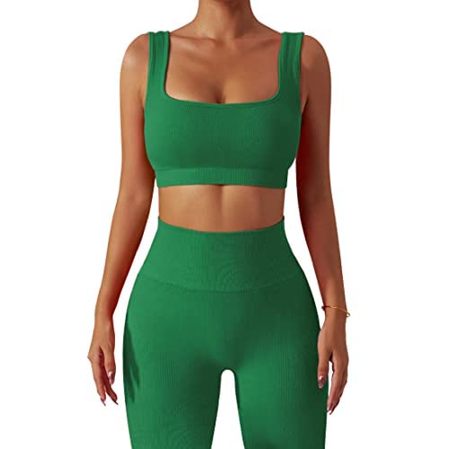 Damen Workout Outfits Yoga Set 2 teiliges,Nahtlos Gerippt Sport BH Damen Trainingsanzüge+Hoses Training Tights Shape Stretch Sport Outfit Gym Fitness Kleidung Laufbekleidung Sportswear Deep Green S von YR.Lover