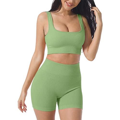 Damen Workout Outfits Yoga Set 2 teiliges,Nahtlos Gerippt Sport BH Damen Trainingsanzüge+Shorts Training Tights Shape Stretch Sport Outfit Gym Fitness Kleidung Laufbekleidung Sportswear Bamboo Green M von YR.Lover