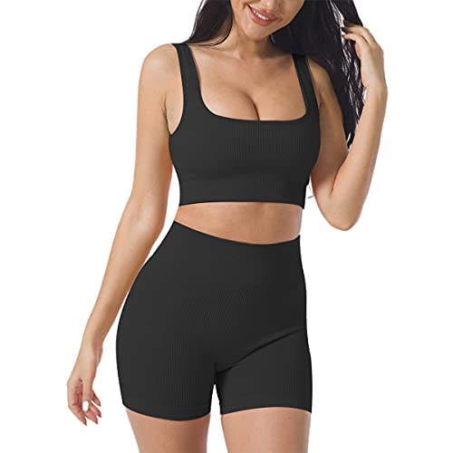 Damen Workout Outfits Yoga Set 2 teiliges,Nahtlos Gerippt Sport BH Damen Trainingsanzüge+Shorts Training Tights Shape Stretch Sport Outfit Gym Fitness Kleidung Laufbekleidung Sportswear Black S von YR.Lover