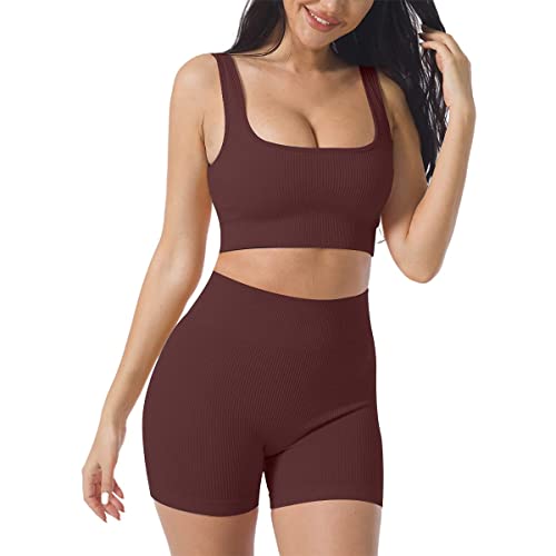 Damen Workout Outfits Yoga Set 2 teiliges,Nahtlos Gerippt Sport BH Damen Trainingsanzüge+Shorts Training Tights Shape Stretch Sport Outfit Gym Fitness Kleidung Laufbekleidung Sportswear Coffee S von YR.Lover