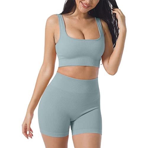 Damen Workout Outfits Yoga Set 2 teiliges,Nahtlos Gerippt Sport BH Damen Trainingsanzüge+Shorts Training Tights Shape Stretch Sport Outfit Gym Fitness Kleidung Laufbekleidung Sportswear Deep Blue S von YR.Lover