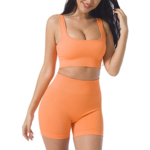 Damen Workout Outfits Yoga Set 2 teiliges,Nahtlos Gerippt Sport BH Damen Trainingsanzüge+Shorts Training Tights Shape Stretch Sport Outfit Gym Fitness Kleidung Laufbekleidung Sportswear Light Orange L von YR.Lover