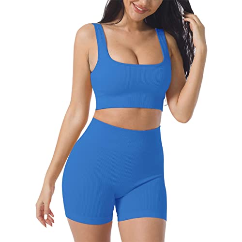 Damen Workout Outfits Yoga Set 2 teiliges,Nahtlos Gerippt Sport BH Damen Trainingsanzüge+Shorts Training Tights Shape Stretch Sport Outfit Gym Fitness Kleidung Laufbekleidung Sportswear Royal Blue L von YR.Lover