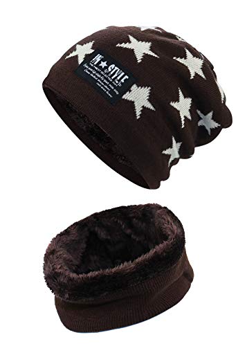 Kinder Winter warme Mütze mit Schal Strickmütze weich gefüttert.YR.Lover Stern Kaffee Einheitsgrösse von YR.Lover