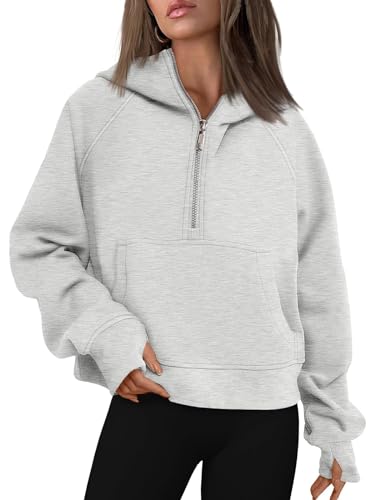 Pullover Damen Sweatshirt Langarm Sweatshirts Herbst Winter Frauen Locker Casual Oberteil Sport Streetwear Sweatshirts Damen wärmer Pullover Daumenloch Plüsch Stehkragen Pullover Grau L von YR.Lover