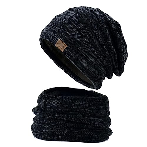 YR.Lover Wintermütze Strickmütze für Damen Herren warme Beanie Schal Set 2-Pack Baumwolle Beanie Cap Weiche Warme Kopfbedeckung für Männer und Frauen (Black) von YR.Lover