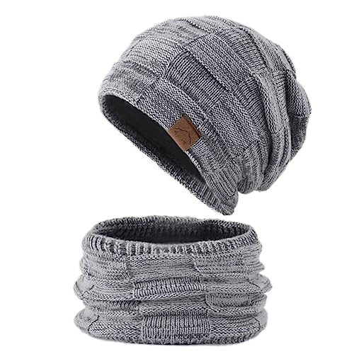 YR.Lover Wintermütze Strickmütze für Damen Herren warme Beanie Schal Set 2-Pack Baumwolle Beanie Cap Weiche Warme Kopfbedeckung für Männer und Frauen (Ligh Gray) von YR.Lover