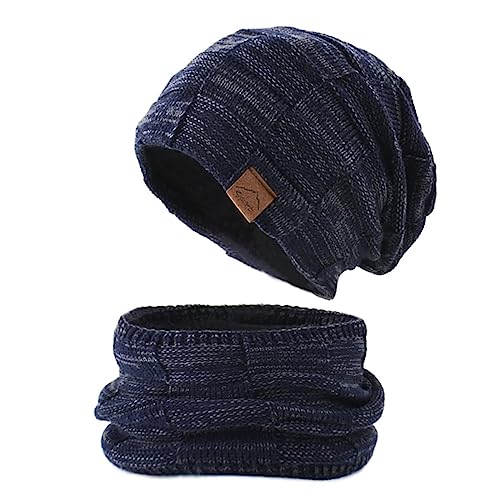 YR.Lover Wintermütze Strickmütze für Damen Herren warme Beanie Schal Set 2-Pack Baumwolle Beanie Cap Weiche Warme Kopfbedeckung für Männer und Frauen (Navy Blue) von YR.Lover