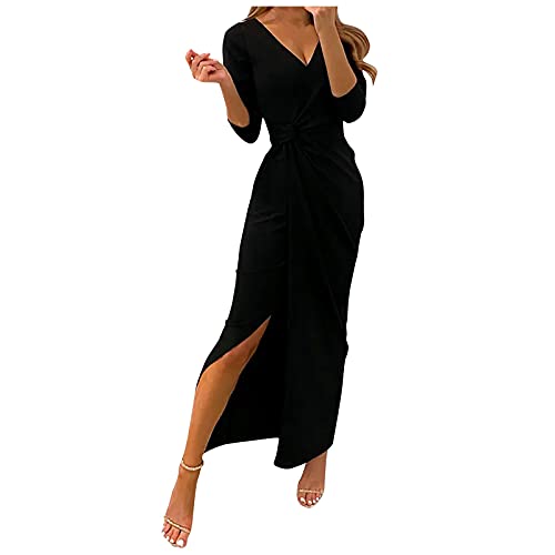 Strickkleid Damen Herbst a Linie Blumen V-Ausschnitt Midikleid Sommer Damen Strand Rüschen Urlaub Sommerkleid Abendkleid Langarm lang Partykleidschwarz Winterkleid Damen sexy Rotes Satin Kleid von YRASILAND