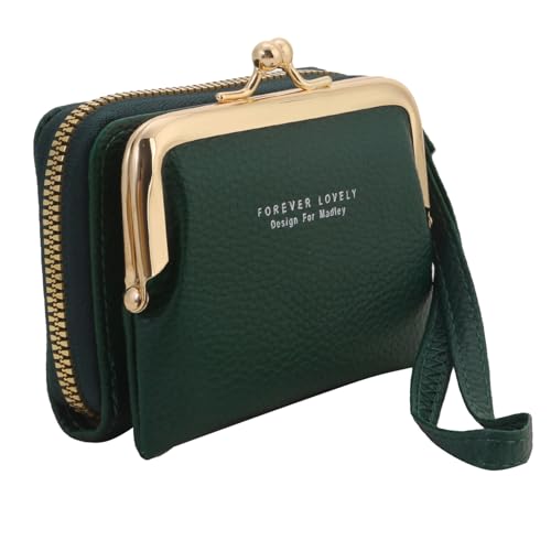 YRHHBYH Damen-Geldbörse, kleine Retro-Damen-Clutch-Geldbörse, kompaktes Akkordeon-Kreditkartenetui mit Reißverschlussfach und Kussverschluss,Grün von YRHHBYH